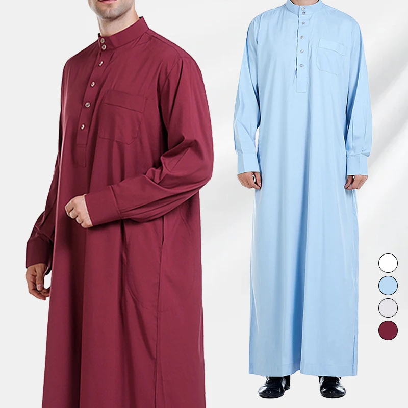 Men Muslim Dress Saudi Style Long Robe Islamic Kaftan Abaya Arab Dubai Clothes Long Sleeve Aman Abaya  Prayer Robe Saudi Wear