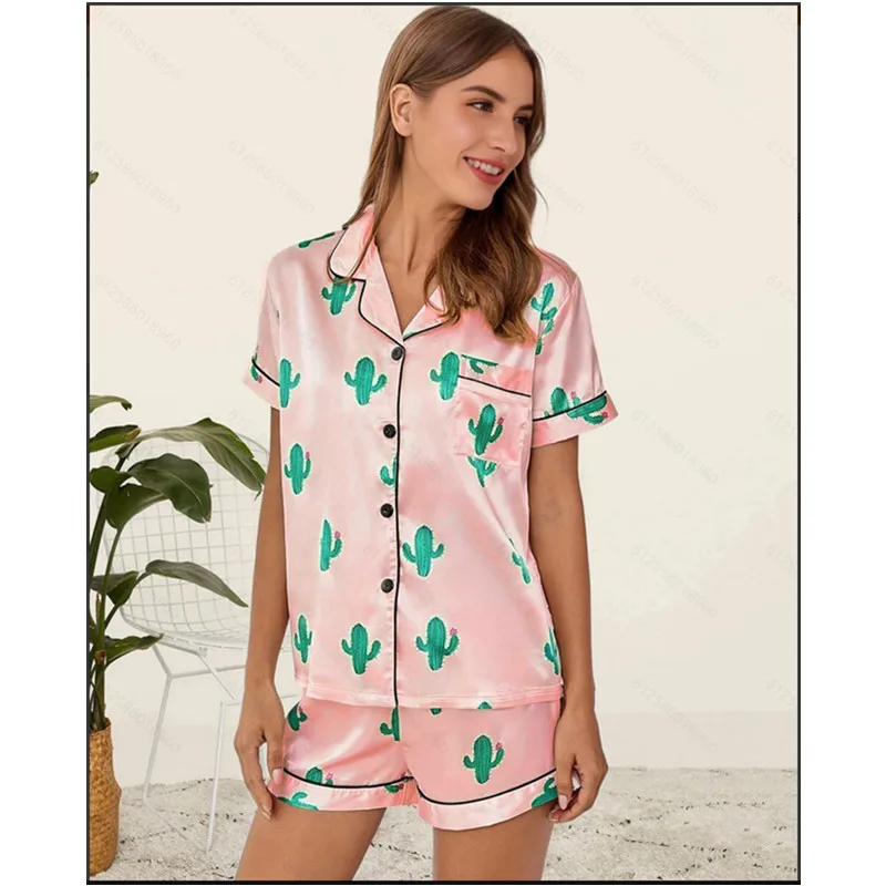 Two Piece Set Pajamas for Women Striped Satin Silk Sleepwear Pyjamas Pjs Short Suit Summer Leopard Print Loungewear Home Clothes