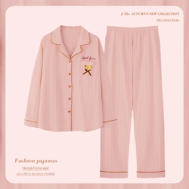Women Two-piece Pyjama Spring Long Sleeve Trousers Sweet Sleepwear Women Simple Cardigan Homewear New Pure Cotton Pajamas Set
