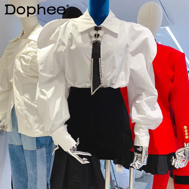 

Korean Puff Sleeve Love Drill Buckle Tie Lapel Single Breasted Shirt Women 2022 Spring New Loose Slimming White Blouse Top Mujer