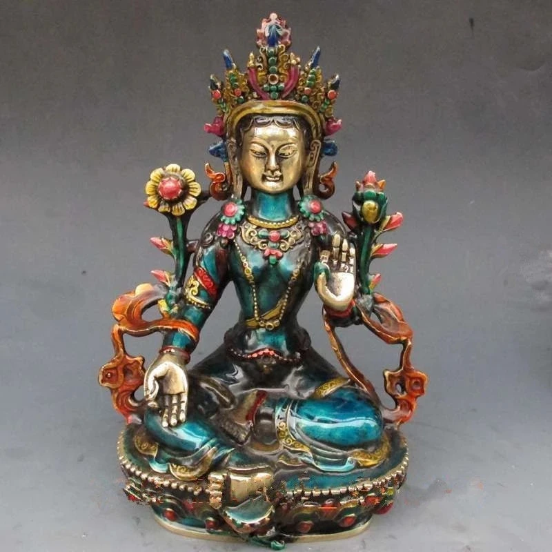 ANTIQUE BRONZE PURE COPPER OLD BRASS CHINA HAND-CARVED CLOISONNE BUDDHIST STATUE OF BUDDHA GREEN TARA