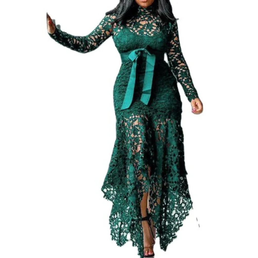 Женское кружевное платье с выдолбленным воротником-стойкой и галстуком 5 цветов