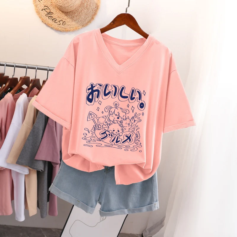 

DAYIFUN 100% Cotton Plus Size T Shirt L-6XL Tshirt Short Sleeve Women Summer Cartoon Print Japanese V Neck Oversized T Shirts