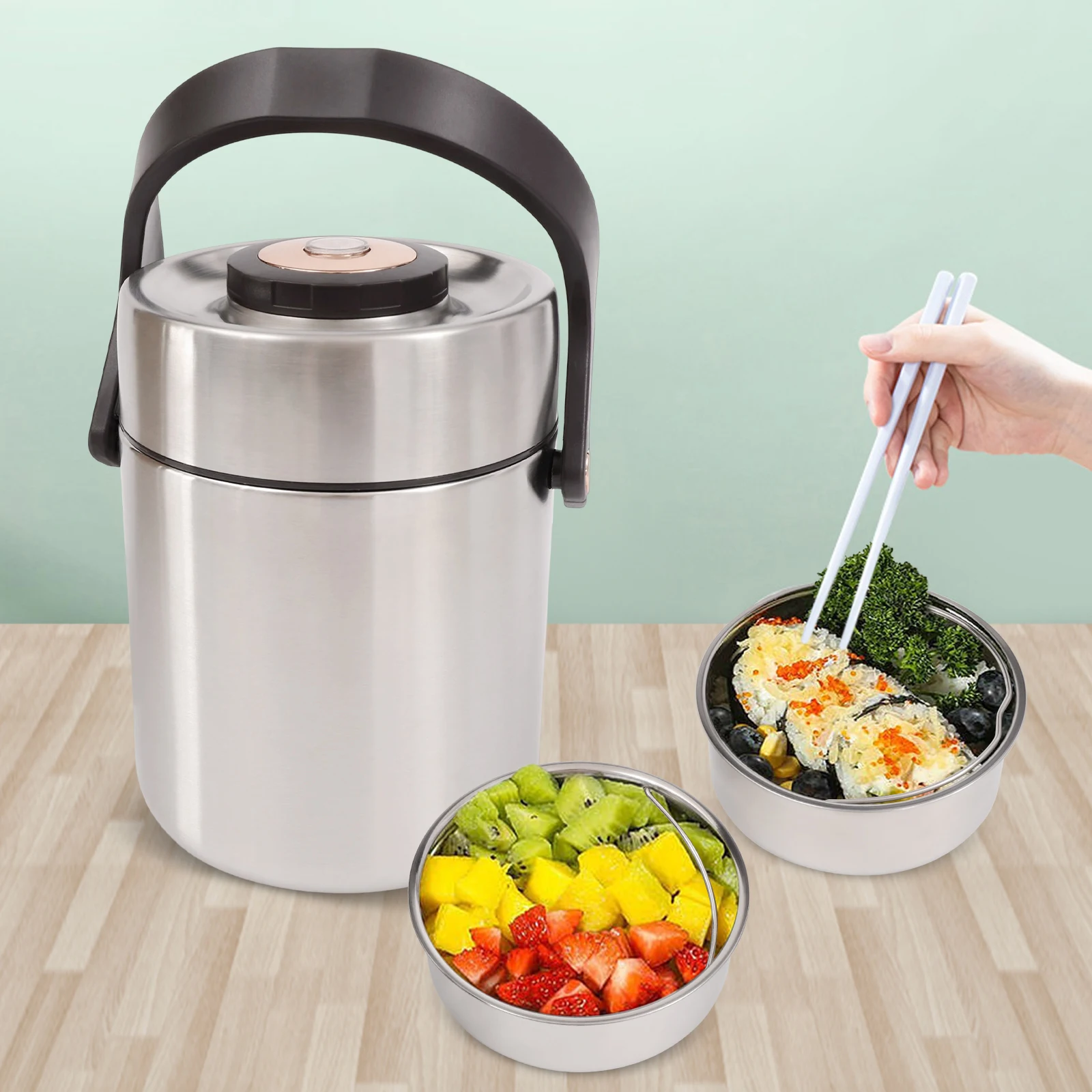 

Durable Hot/Cold Food Container 2 Tiers Vacuum Lunch Box Food Carrier 1.7L