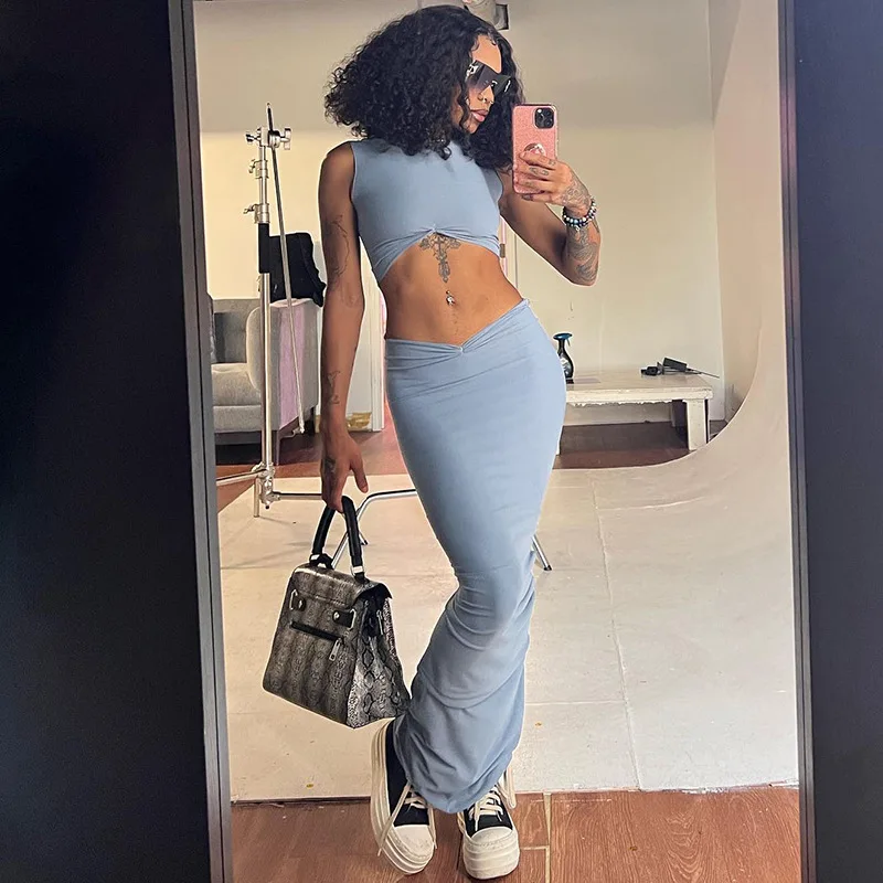 

2022 summer new fashion sexy women's round neck sleeveless crop top high waist bag hip pleated skirt casual 2 suit dress