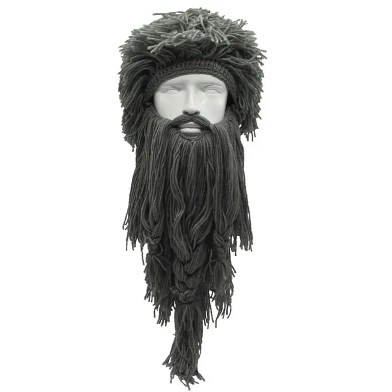 

Men Women Barbarian Viking Handmade Knit Hat with Detachable Long Fake Beard Funny Crazy Halloween Cosplay Warm Beanie Cap