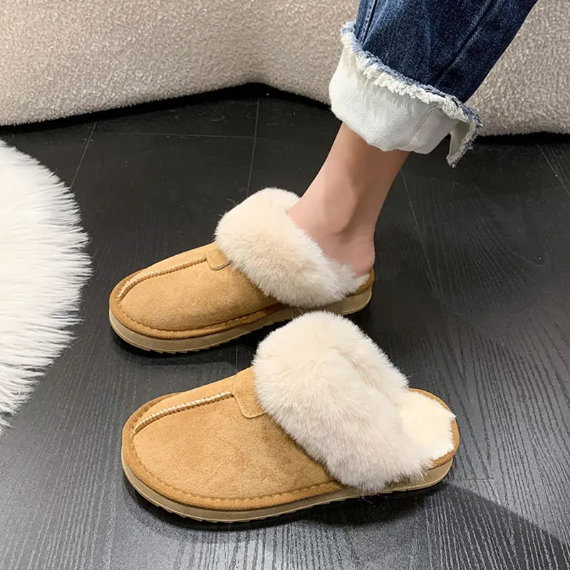 

Домашние тапочки из флока с закрытым носком, обувь на платформе с мехом, роскошные сланцы, зимняя обувь на среднем каблуке, плюшевая Дизайне...