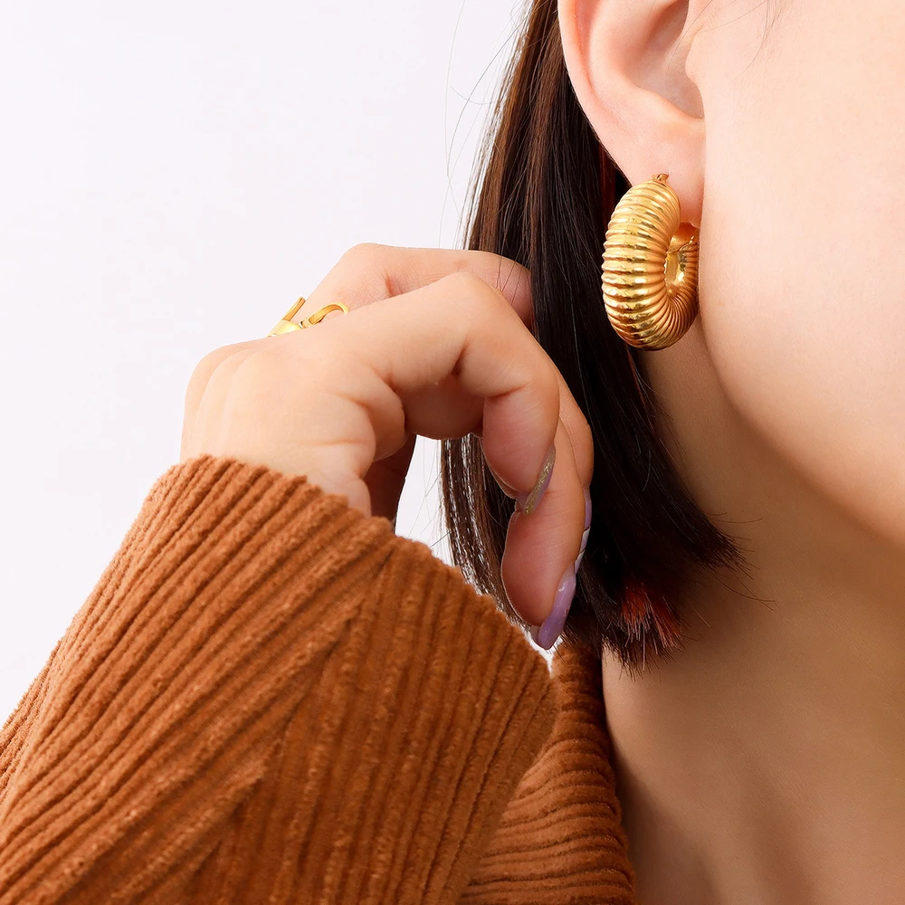 

Popular Design Geometric Thread Hoop Earrings Women's French Vintage Style Simple Titanium Steel EarringsWomen