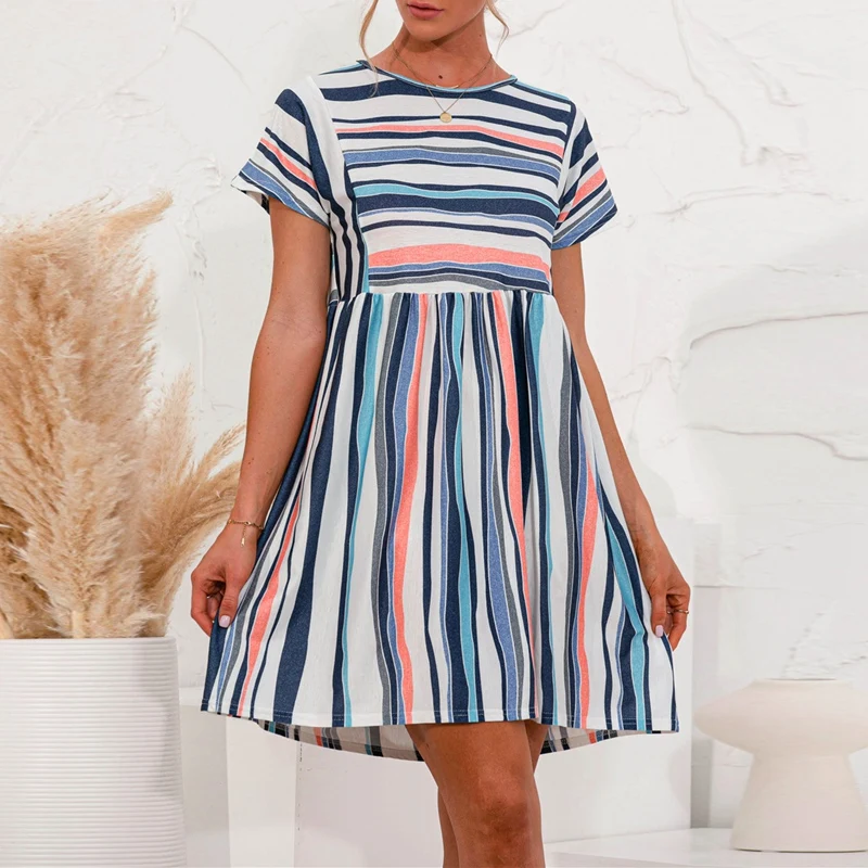 

Women Summer Striped Dress O-Neck Short Sleeve Slim A-Line Knee Length Dress OL Office Elegant Dresses