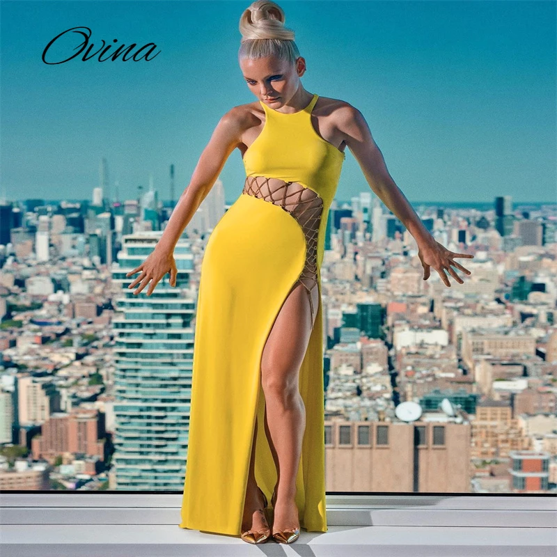 

Sexy Chain Cross Lacing Women's Long Skirt 2022 New Sleeveless Tight Elegant Design Hollow Solid Color Bandage Dress