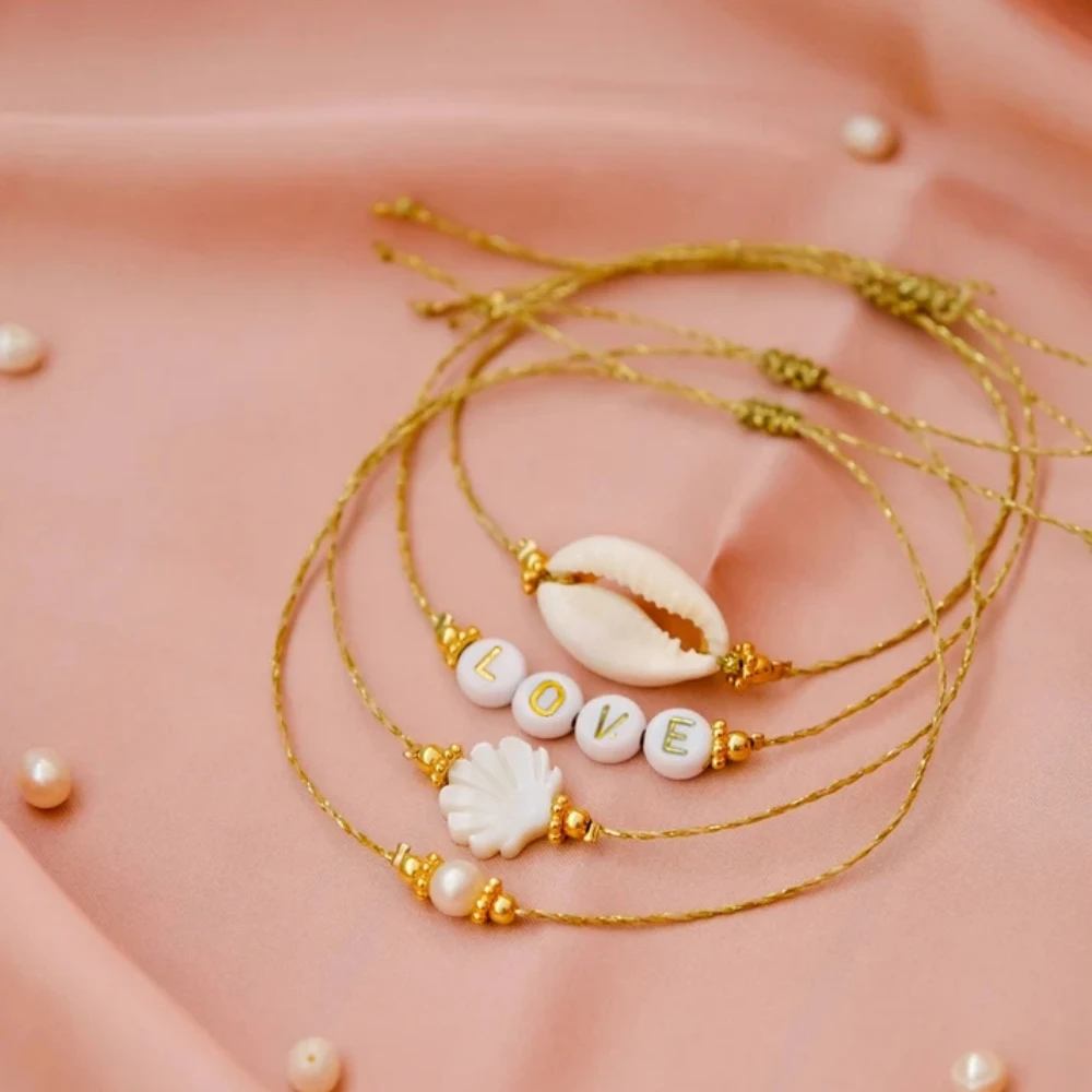 Простой женский браслет Vlen с натуральным жемчугом и ракушками надписью