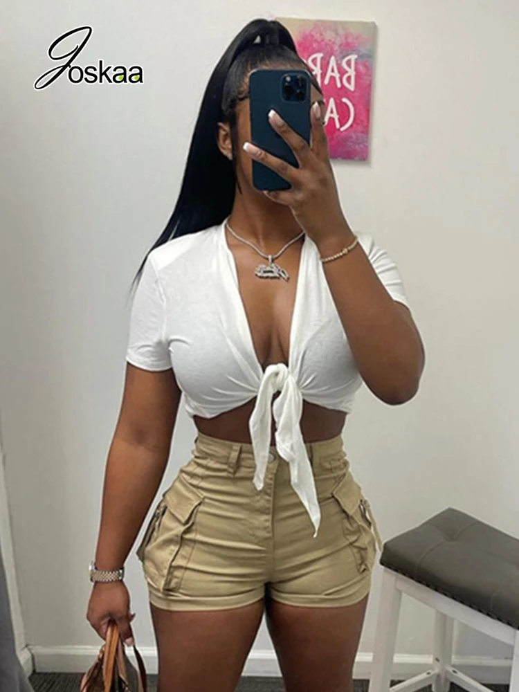 

Joskaa Khaki Shorts Women High Waist Sweatshorts Summer 2022 Casual Pockets Straight Leg Shorts Female Bottoms Sexy Streetwear