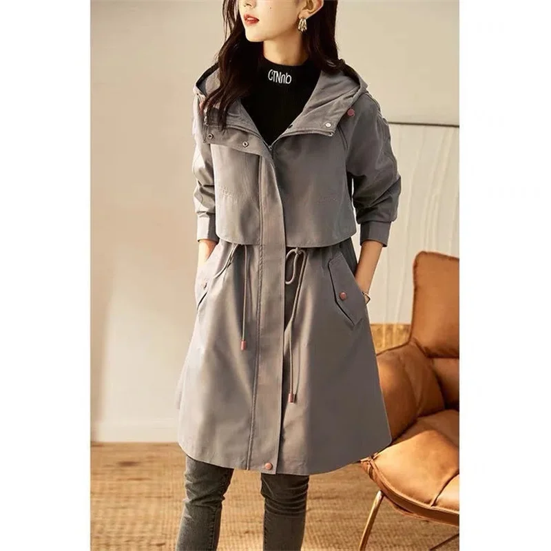 

Mid-Length Hooded Trench Coat For Women 2022 Spring Autumn New Leisure Meat Cover Small People This year's Popular Coat Trend X4