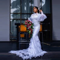 tulle high neck long sleeve lace fluffy bride bridesmaid wedding dress aso ebi plus size customization
