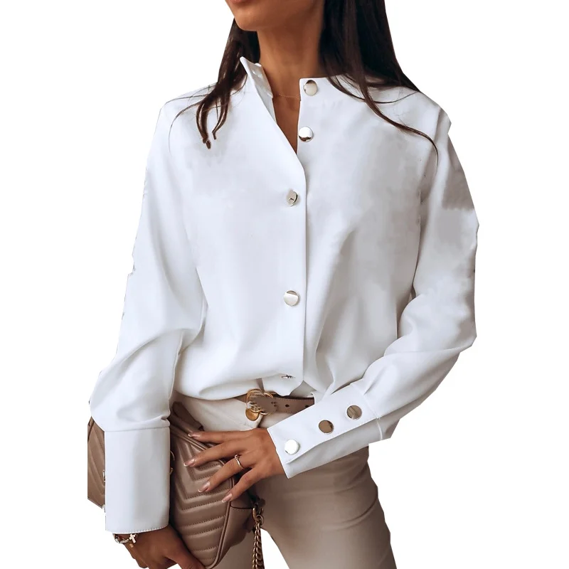 

Casual Office Clothing Top Women's Shirt 2023 Summer New Fashion Elegant Button Design Solid Commuter Style Round Neck Shirt