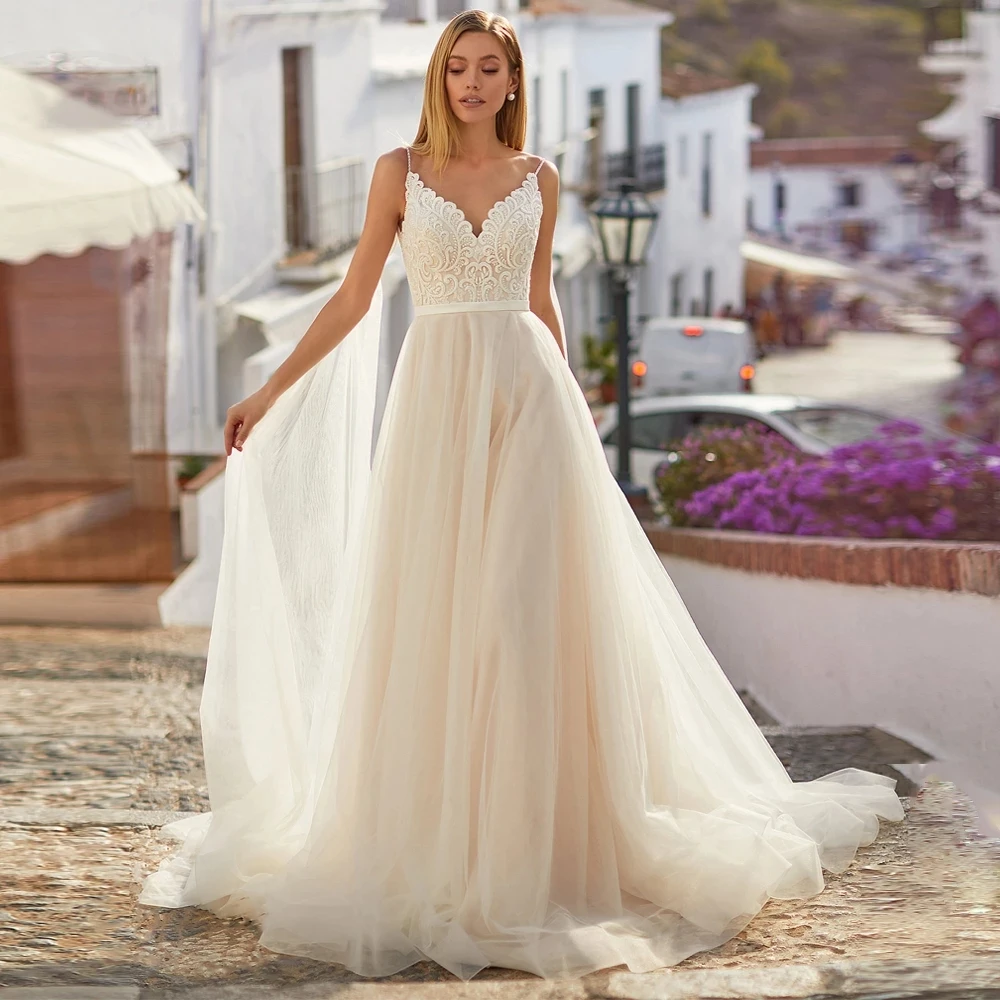 

Simple Ltalian Veil Wedding Dresses Women's Sexy Deep V-Neck Beaded Applique A Series Bridal Gowns Fashion Formal Seaside Party