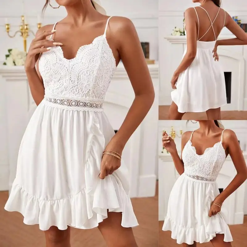 2022 New V-neck Sexy Lace Lace Suspenders Ins Ruffle Dress Summer Beach Vacation Casual Style Dress
