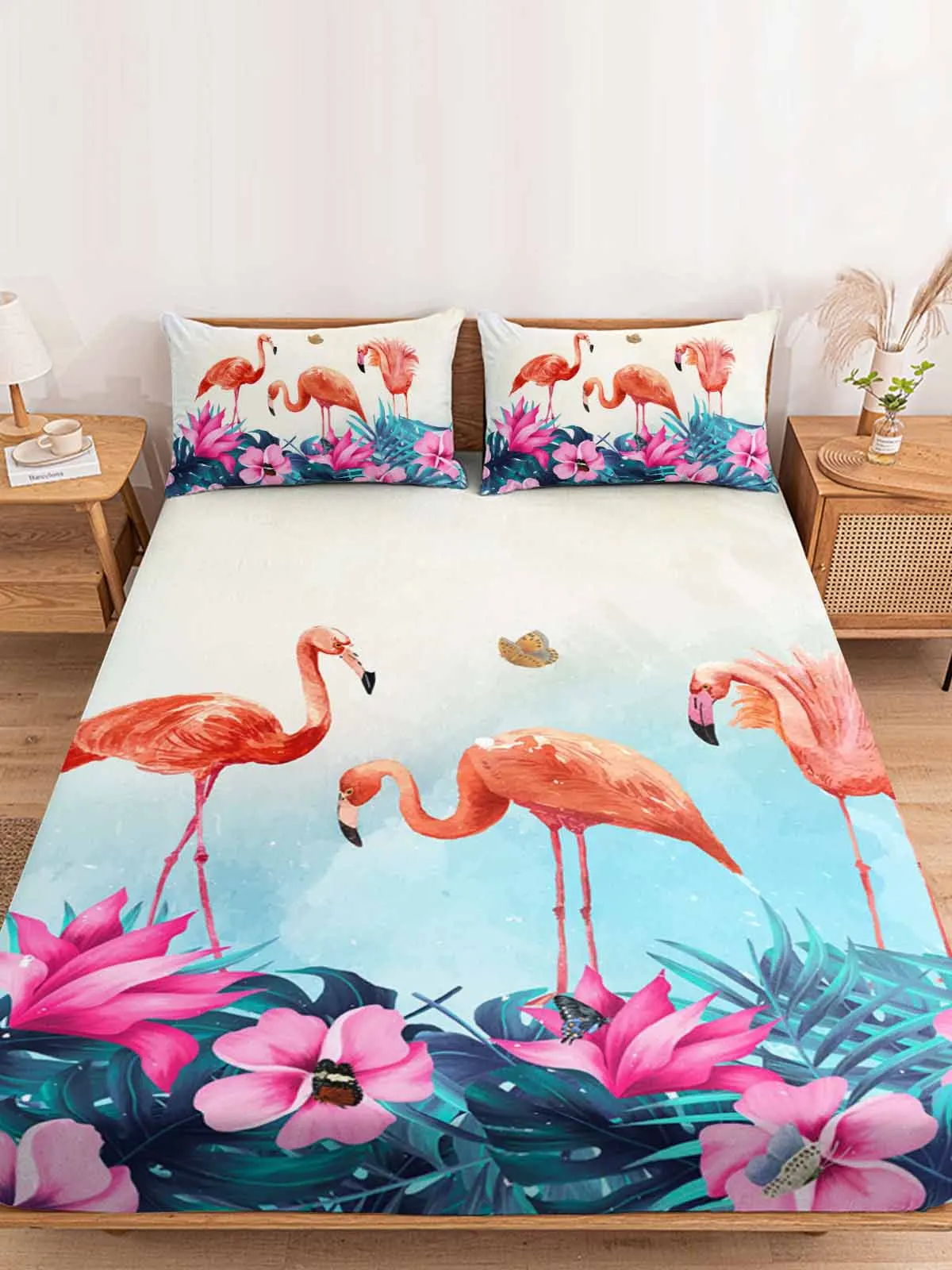 Натяжная простыня с фламинго цветком бабочкой эластичная лента