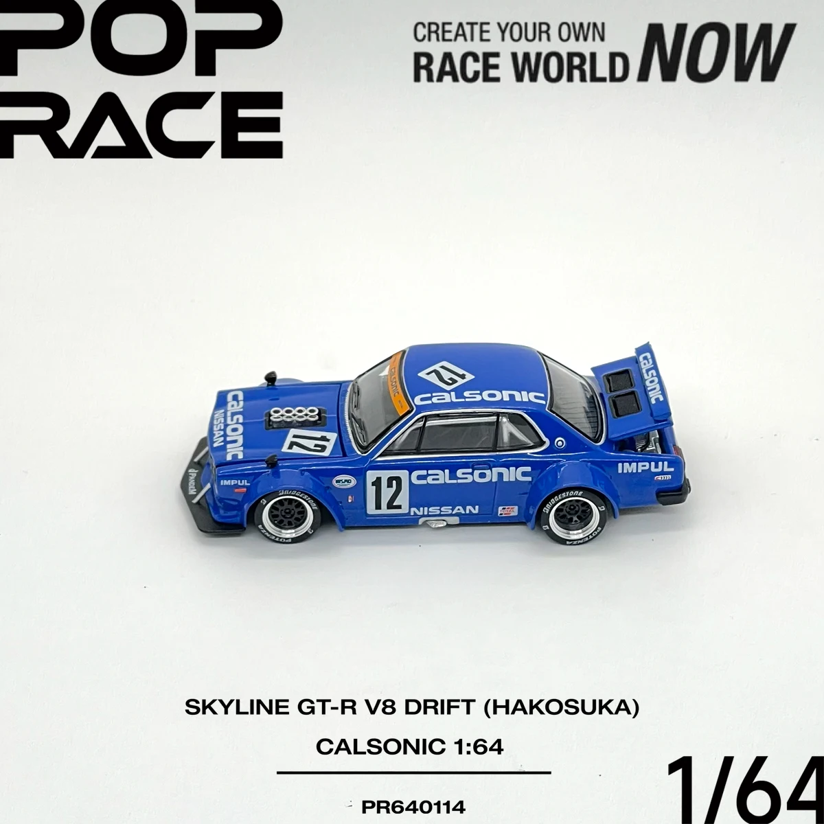 Фото В наличии JDM Pop Race PR640114 1:64 Skyline GT‑R V8 Drift Hakosuka Calsonic Widebody Open Parts Коллекционная модель автомобиля из сплава №3