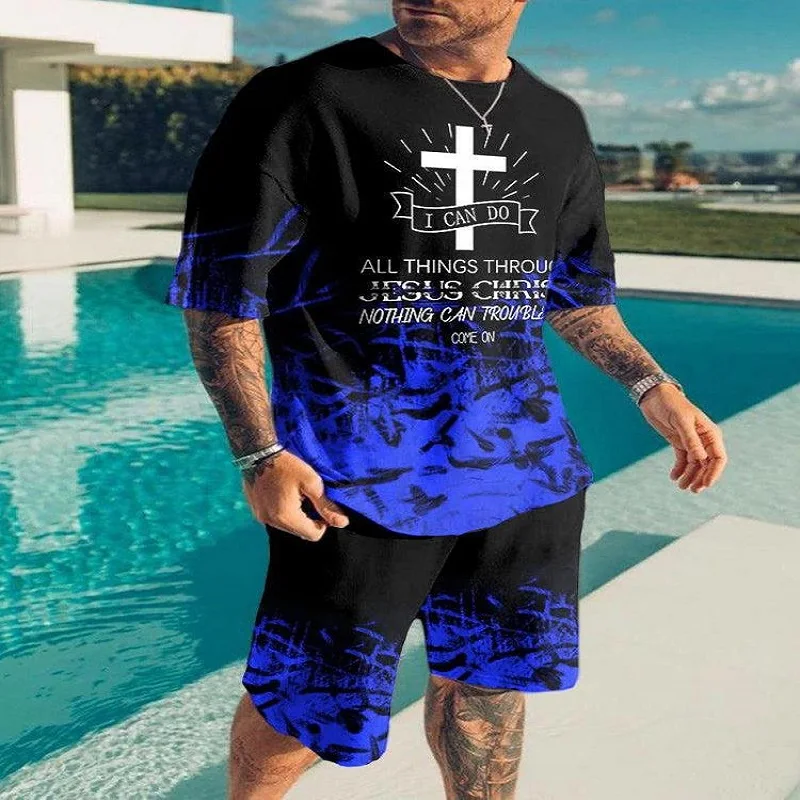 Summer Men T-shirt Set Letter K King 3D Printed Oversized Short Sleeve Tracksuit Causal Suit Sportswear Colorful Streetwear 6XL