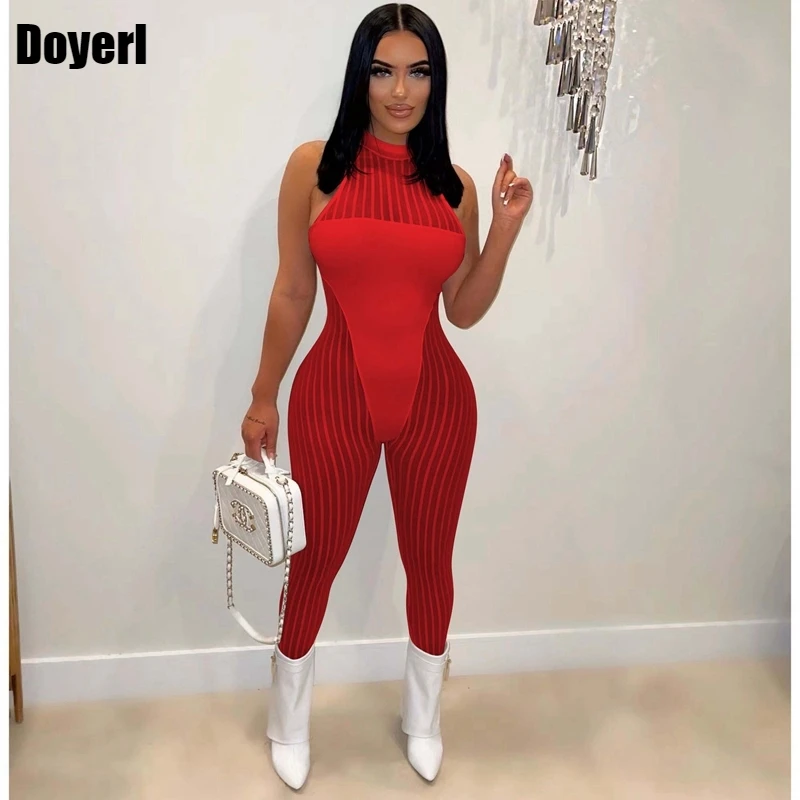 

Red Sexy Mesh Sheer Bodycon Jumpsuit Women 2022 Bandage Sexy Romper Jumpsuit for Women Clubwear One Piece Outfits Party Overall