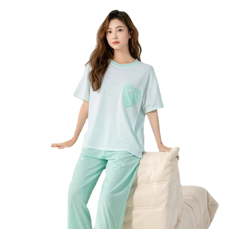 New Style of Women's Pajamas Summer Plaid Short-sleeved Trousers Casual Comfortable and Elastic Home Suit Can Be Worn Outside