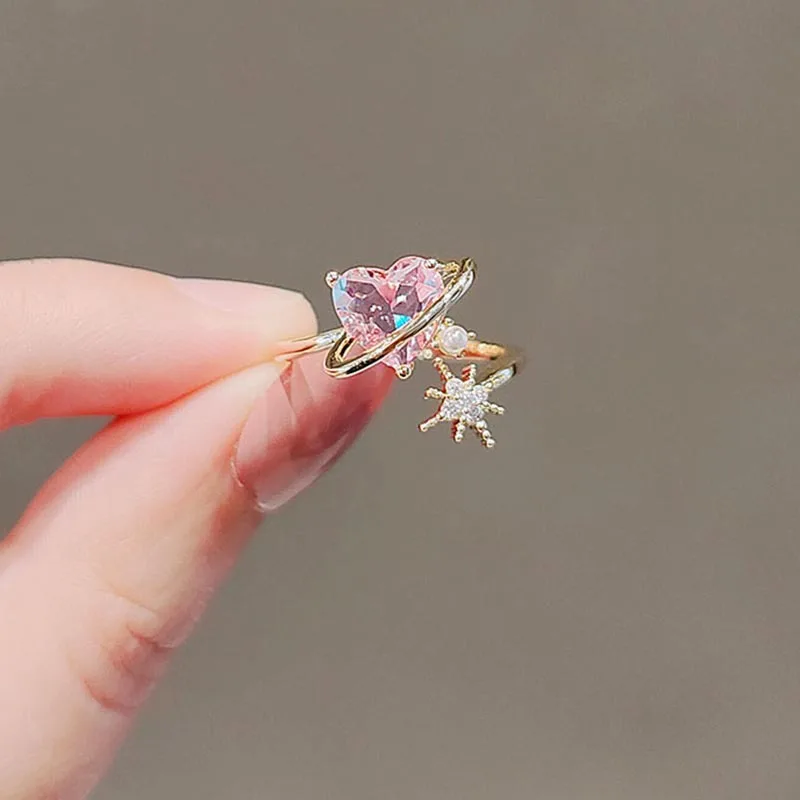 

2022 Korean New Exquisite Lovely Pink Love Opening Ring Fashion Temperament Versatile Ring Female Jewelry