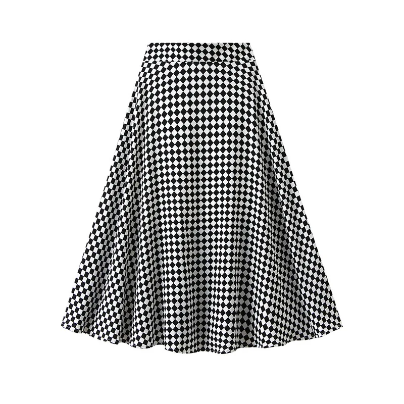 Checkerboard Houndstooth Plaid Skirt for Women VD2910 High Waist Blue Green A Line Elastic Waist Women Long Midi Skirt images - 6