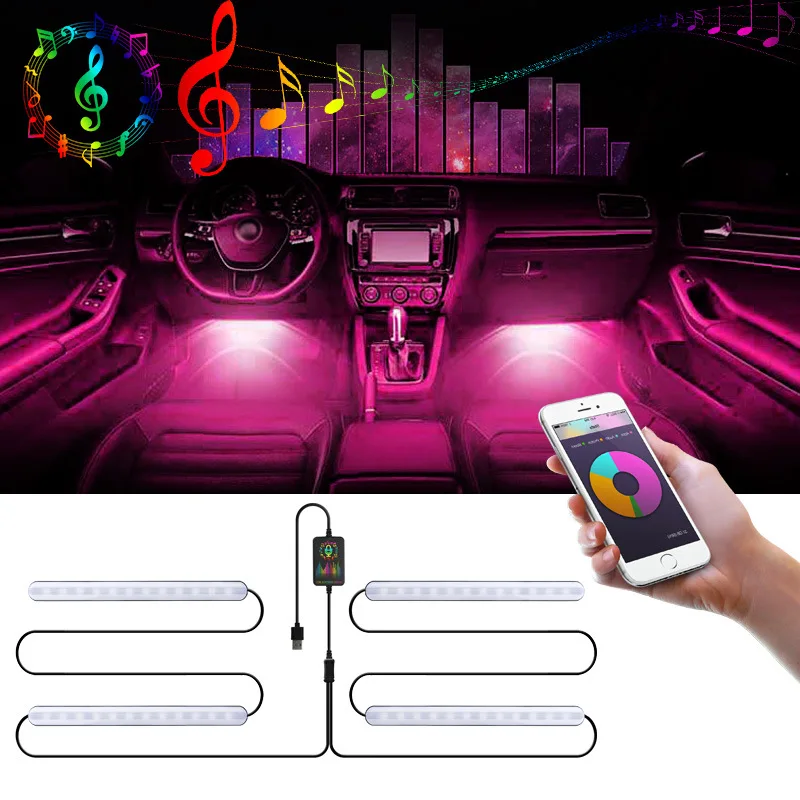 4pcs USB RGB Car LED Strip Light LED Car Foot Light Ambient Lamp Decorative Atmosphere Lamps Styling Lights APP + voice control