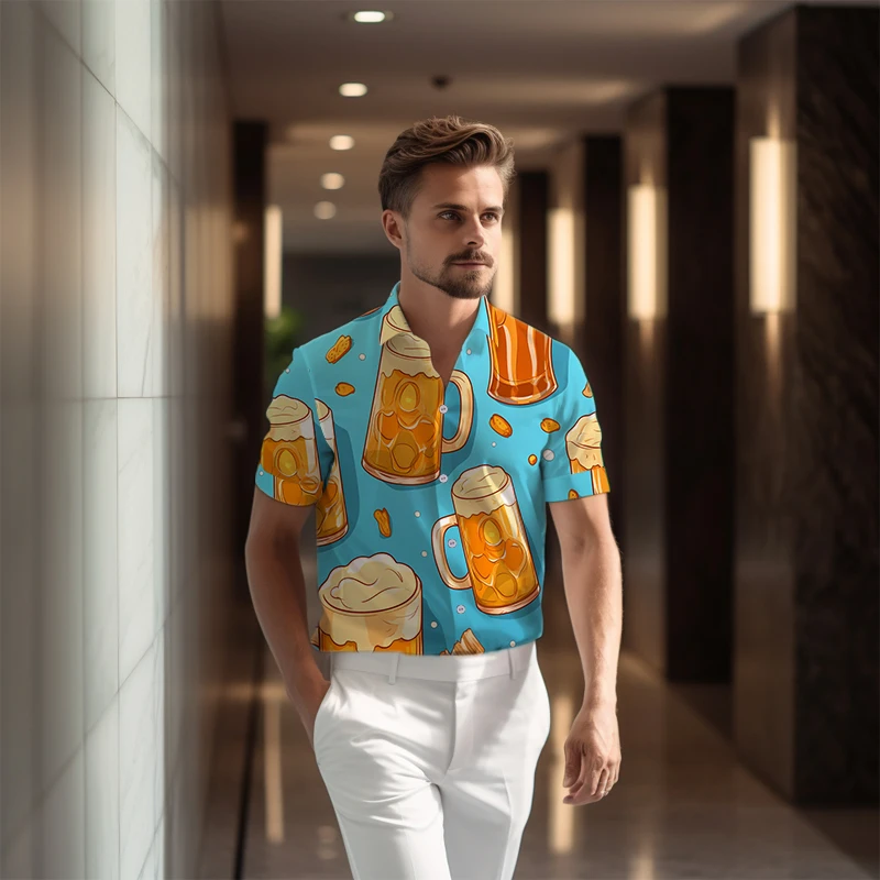 

Summer Refreshing Simple Men's Short-sleeved Shirt Beer 3d Printing Shirt Street All-match Shirt Hawaiian Party Shirt