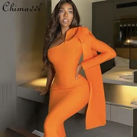 sexy diagonal collar one shoulder backless long sleeves dress ladies 2022 summer new fashion bow bandage dress for women