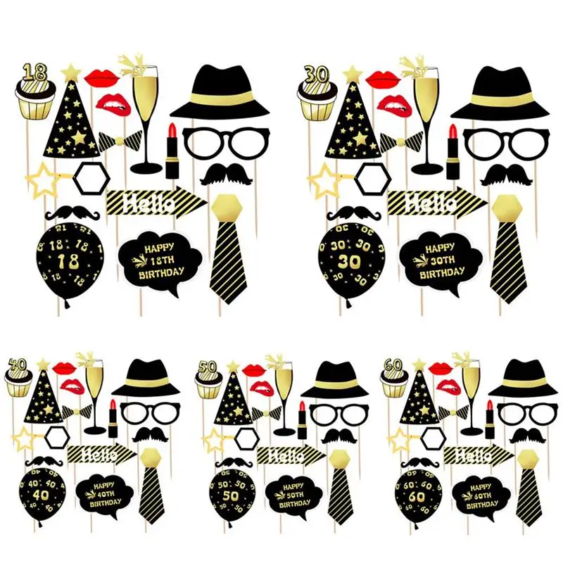 

Реквизит для Фотокабины на день рождения 18/30/40/50/60, черные золотые очки для взрослых на день рождения, шляпа, воздушный шар, реквизит для фотосъемки, декоративный