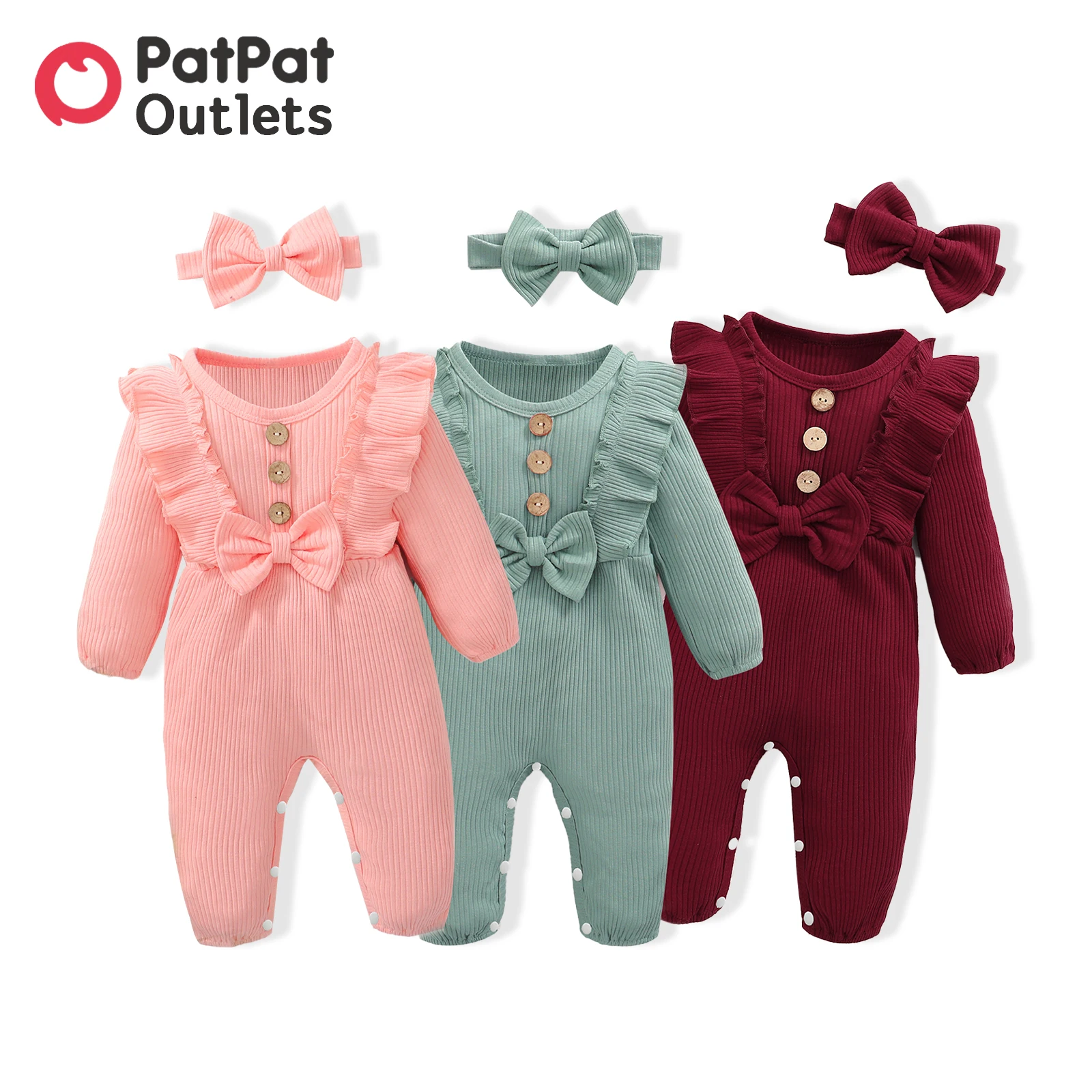 PatPat Baby Girl Clothes 2pcs Infant Newborn Romper Casual 95% Cotton Ribbed Long-sleeve Bowknot Button Jumpsuit Headband Set