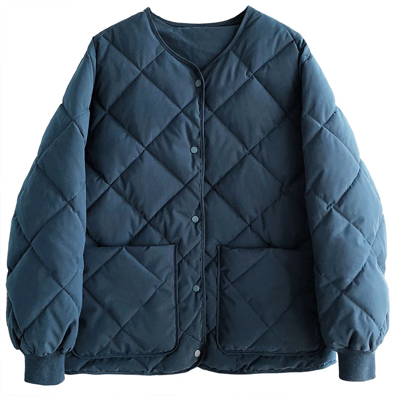 Fashion O-Neck Argyle Parka Loose All-match Long Sleeve Solid Women's Thick Padded Padded Clothes Casual Ladies Outerwear 2022