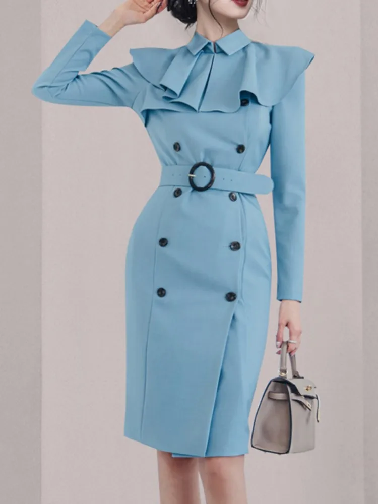 

New Autumn Korean Fashion Elegant Women Dress Long Sleeve Vintage Slim Party Solid Robe Female Business Casual Vestidos