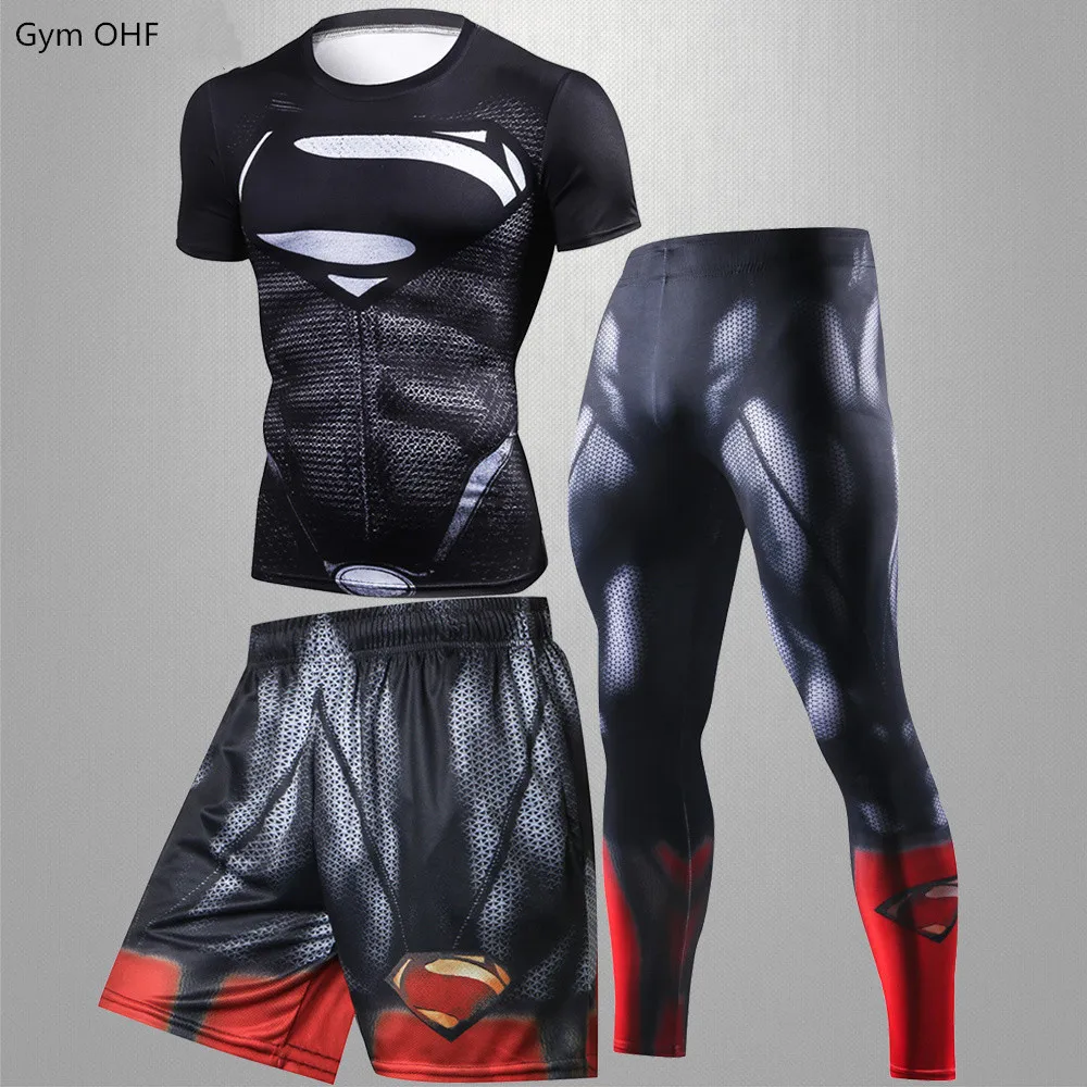 Superhero Sport Suits Men Compression Shirts Pants Sets MMA Rashguard Boxing Muay Thai Kickboxing Shorts Fitness Sportswear