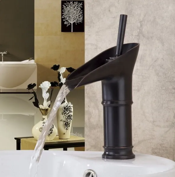 

Black Oil Rubbed Bronze Deck Mounted Waterfall Style Bathroom Sink Basin Faucet Mixer Tap Single Hole One Handle mhg035