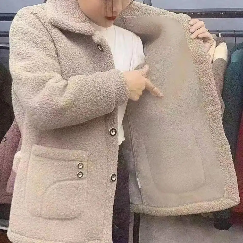 

Solid Color Jacket Coat Stylish Women's Lapel Long Sleeve Thickened Imitation Lamb Wool Cardigan Coat Autumn for Streetwear