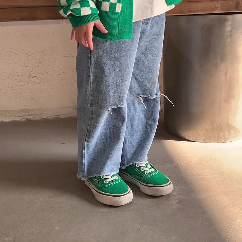 MILANCEL 2022 Spring New Kids Clothes Loose Girls Ripped Jeans Solid Girls Pants Denim Girls Pants