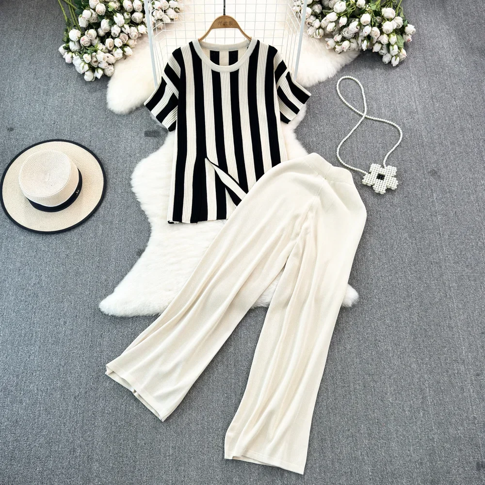 Модный женский свободный полосатый свитер с круглым вырезом и боковым разрезом