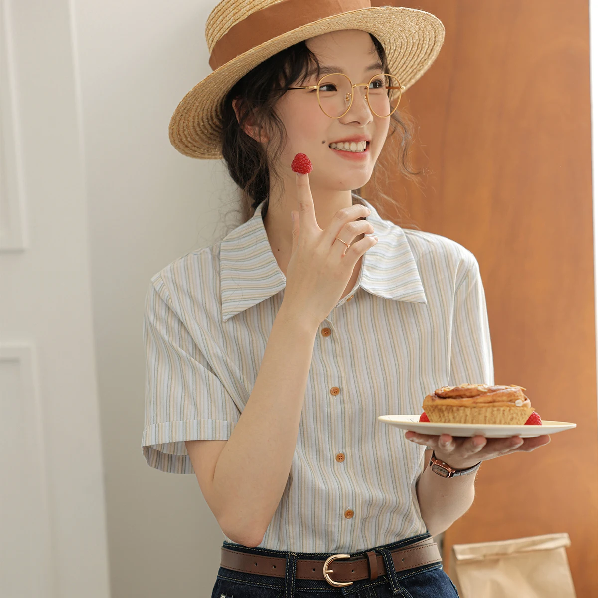 Женская рубашка с отложным воротником Летняя Повседневная Свободная в полоску