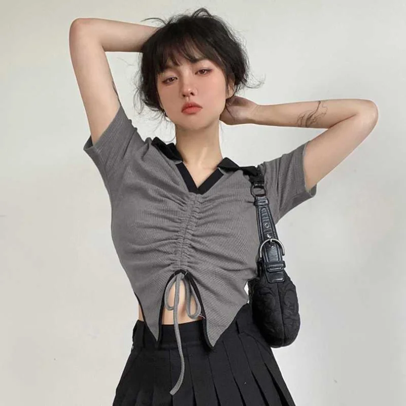 

American Vintage Irregular Tshirts Women Short Sleeve V Neck Crop Tops Tees Patchwork Drawstring Folds Y2k Slim Camisetas Summer