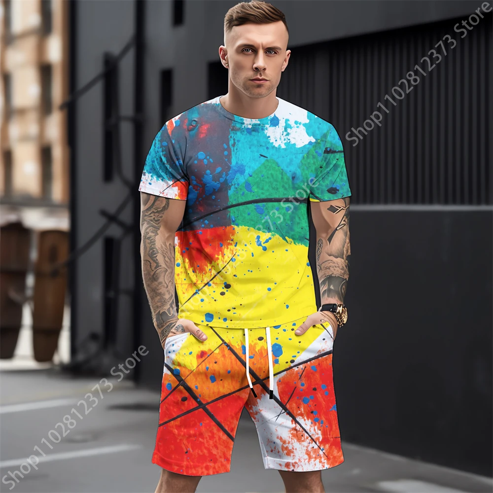 2023 Summer Mens Tracksuit Men Casual Street Men T-shirt+Shorts Two Piece Set Men Fashion 3D Splash-Ink Printing Clothes For Men