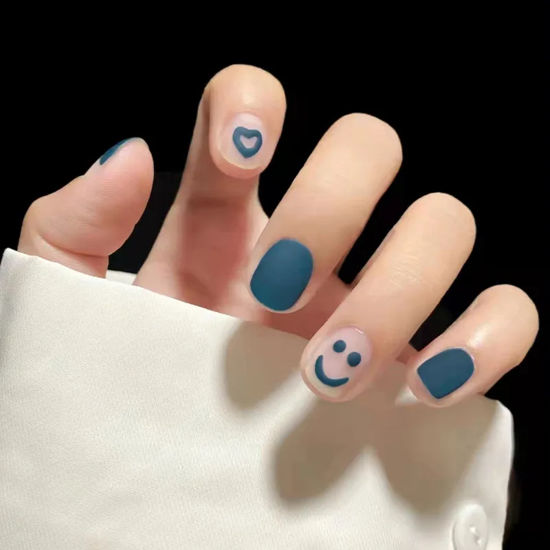 

24pcs False Nails with Pattern Frosted Haze Blue Hand-painted Love Smiley Wear Finished Nail Tablet Fake Nail Removable Manicure