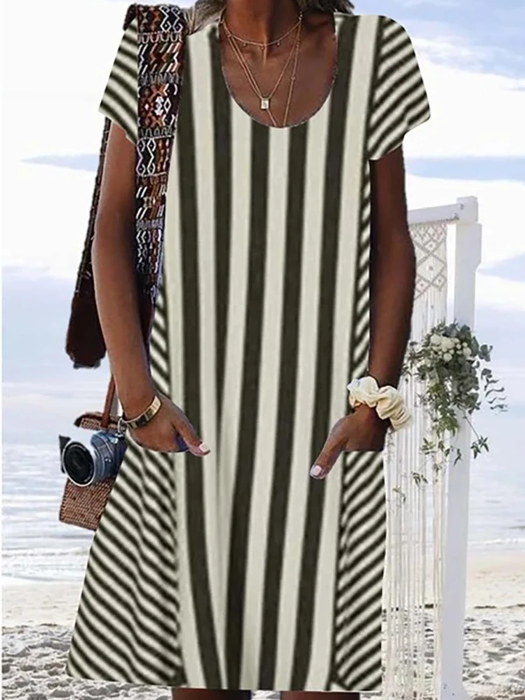 

Summer Loose Waist Women Multi-Pocket Dress Female Streetwear Short Sleeve Casual Dress 2022 Holiday Print Striped Mini Dresses