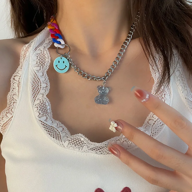 

Colorful Chain Panels Necklace, Hip Hop Sweet Cool Titanium Babes Collarbone Chain