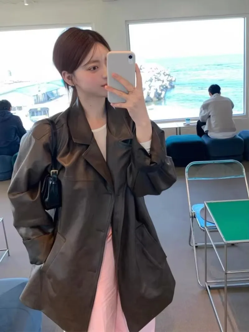 Женская винтажная куртка с длинным рукавом из ПУ кожи