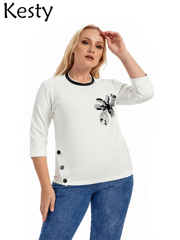 

KESTY Women's Plus Size T Shirt Spring Cotton Elastic Button Crew Neck 3/4 Sleeve Casual Fashion Top