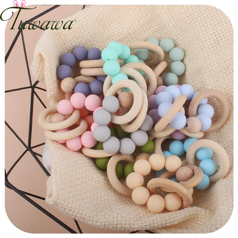 

BPA Free Silicone Baby Teether Food Grade Silicone Beads Beech Wood Montessori Bracelets Newborn Chewing Molar Teething Toys