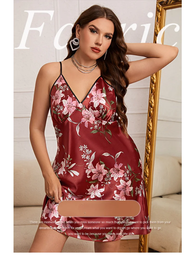 Plus size Slip dress Women's sexy fashion silk like nightdress Ice silk home clothes